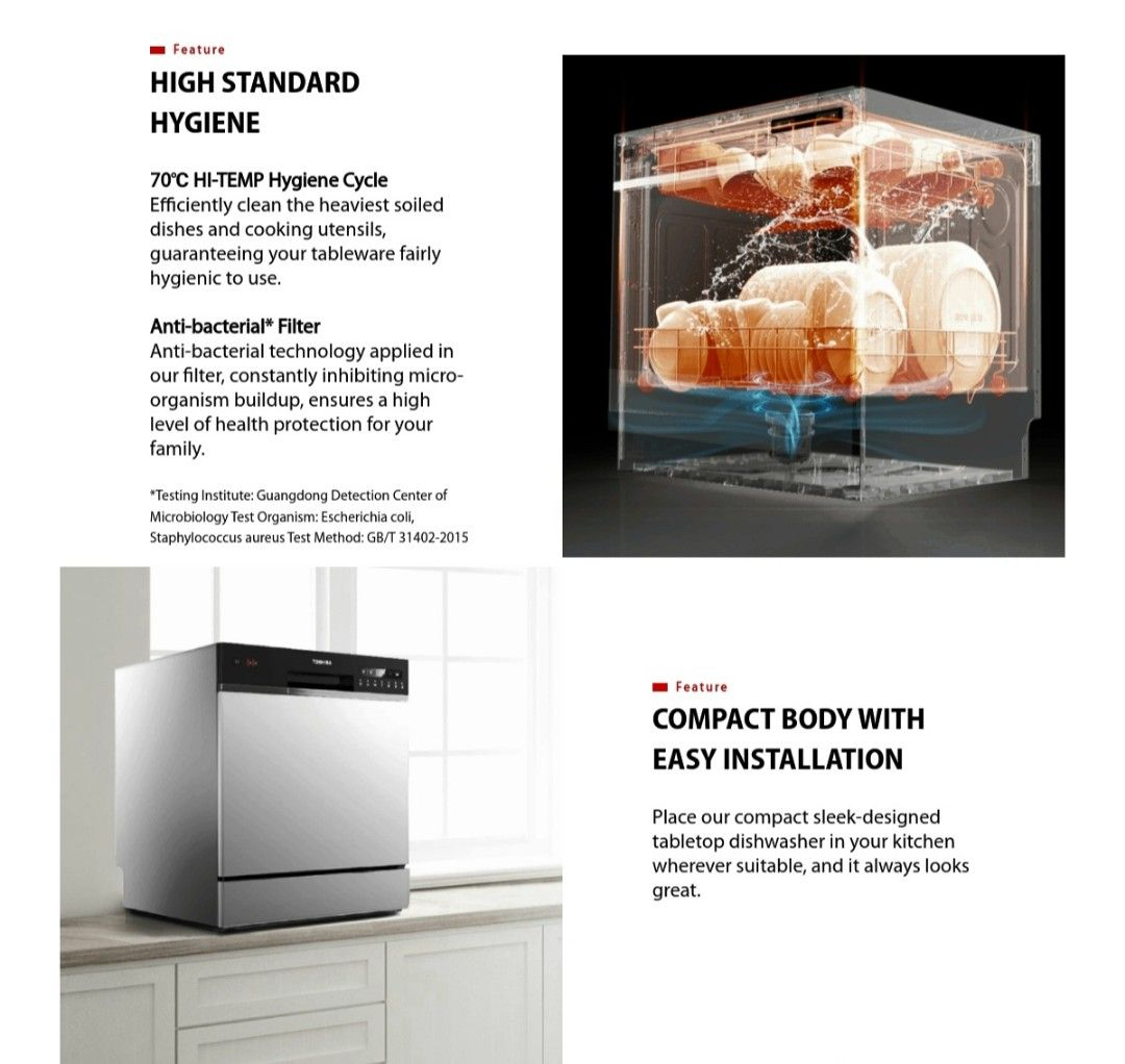 TOSHIBA DW-08T1(S)-SG TABLETOP / PORTABLE DISHWASHER (UP TO 8 SETTINGS) (SILVER) - Image 3