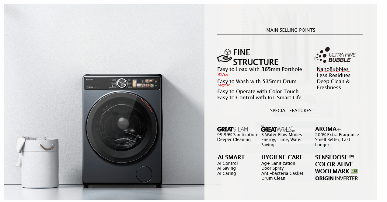 TOSHIBA TWD-T25BZU105MWS(MG) FRONT LOAD WASHER AND DRYER (9.5KG/7KG) - Image 3