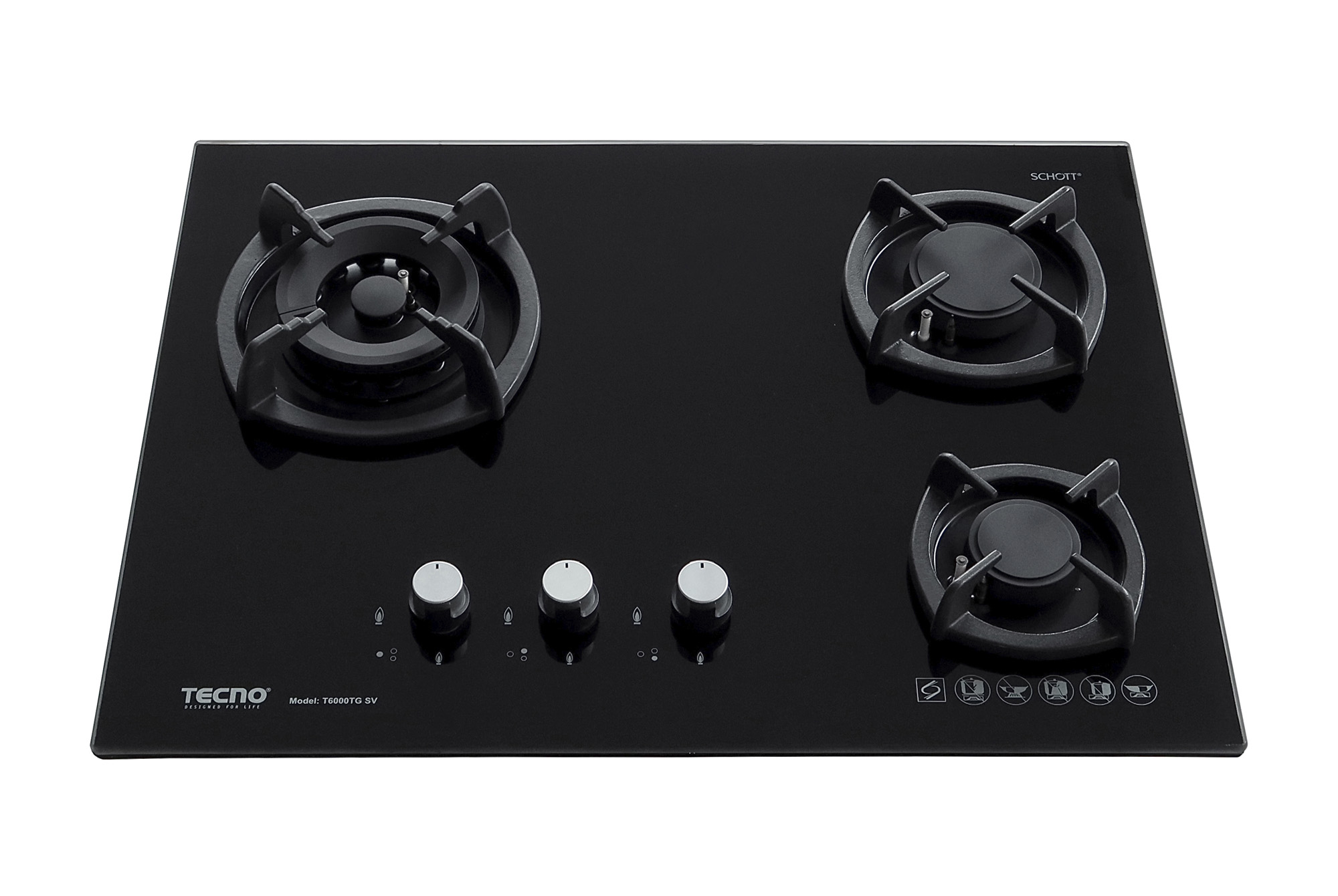Tecno T 6000TGSV 3-Burner 65cm Glass Cooker Hob with Inferno Wok Burner Technology