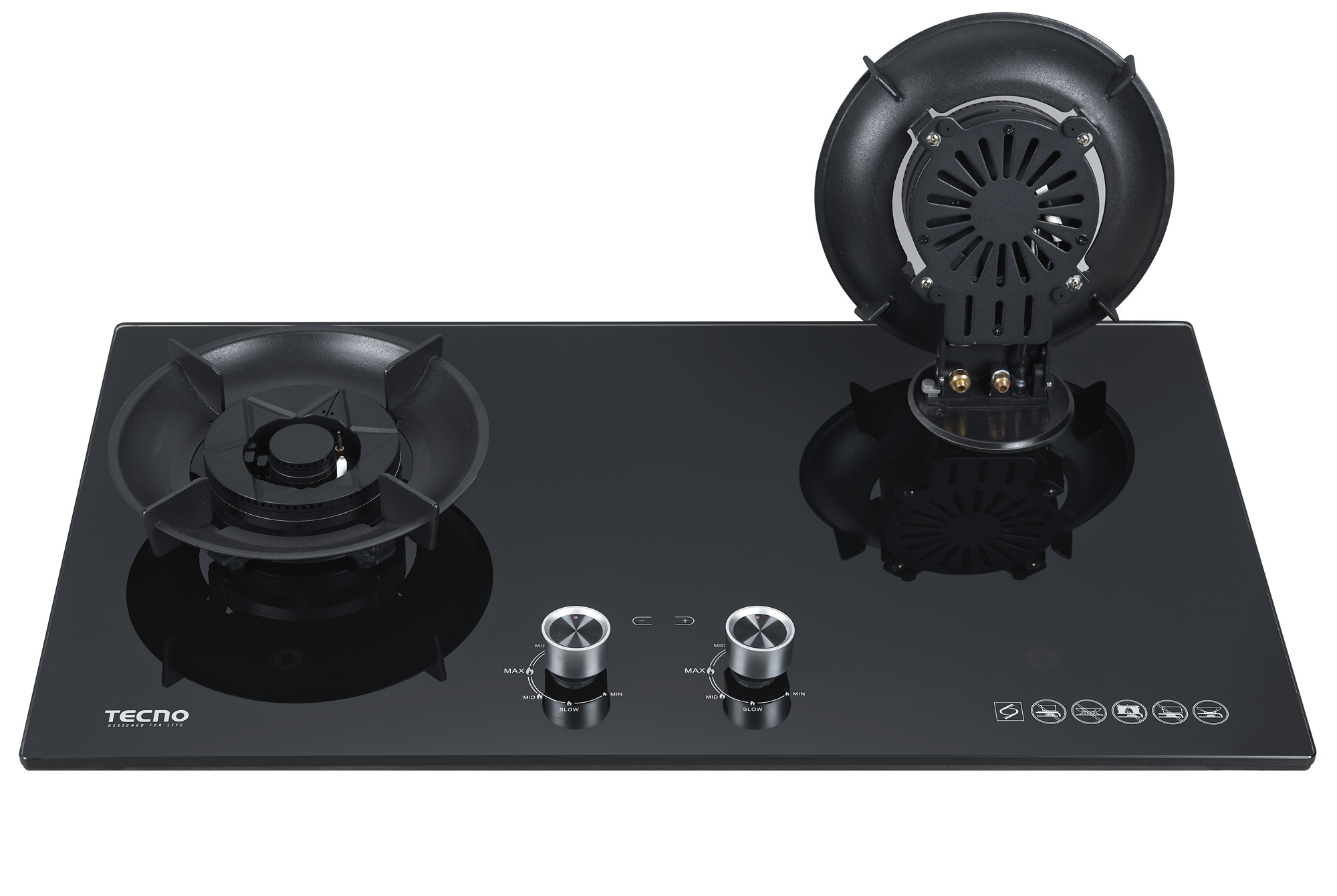 Tecno T 762FLIP-T | T762FLIP-T 2-Burner 76cm Tempered Glass Hob with Flip-Up Burners & Timer