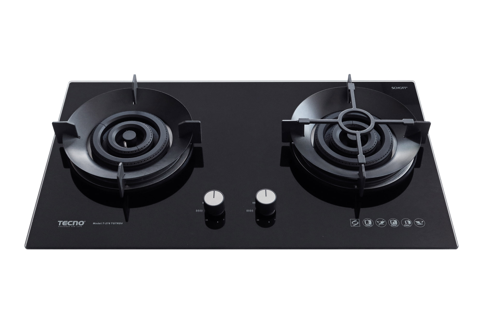 Tecno T 278TGTRSV | T278TGTRSV 2-Burner 78cm Glass Cooker Hob with True Triple Ring Burners