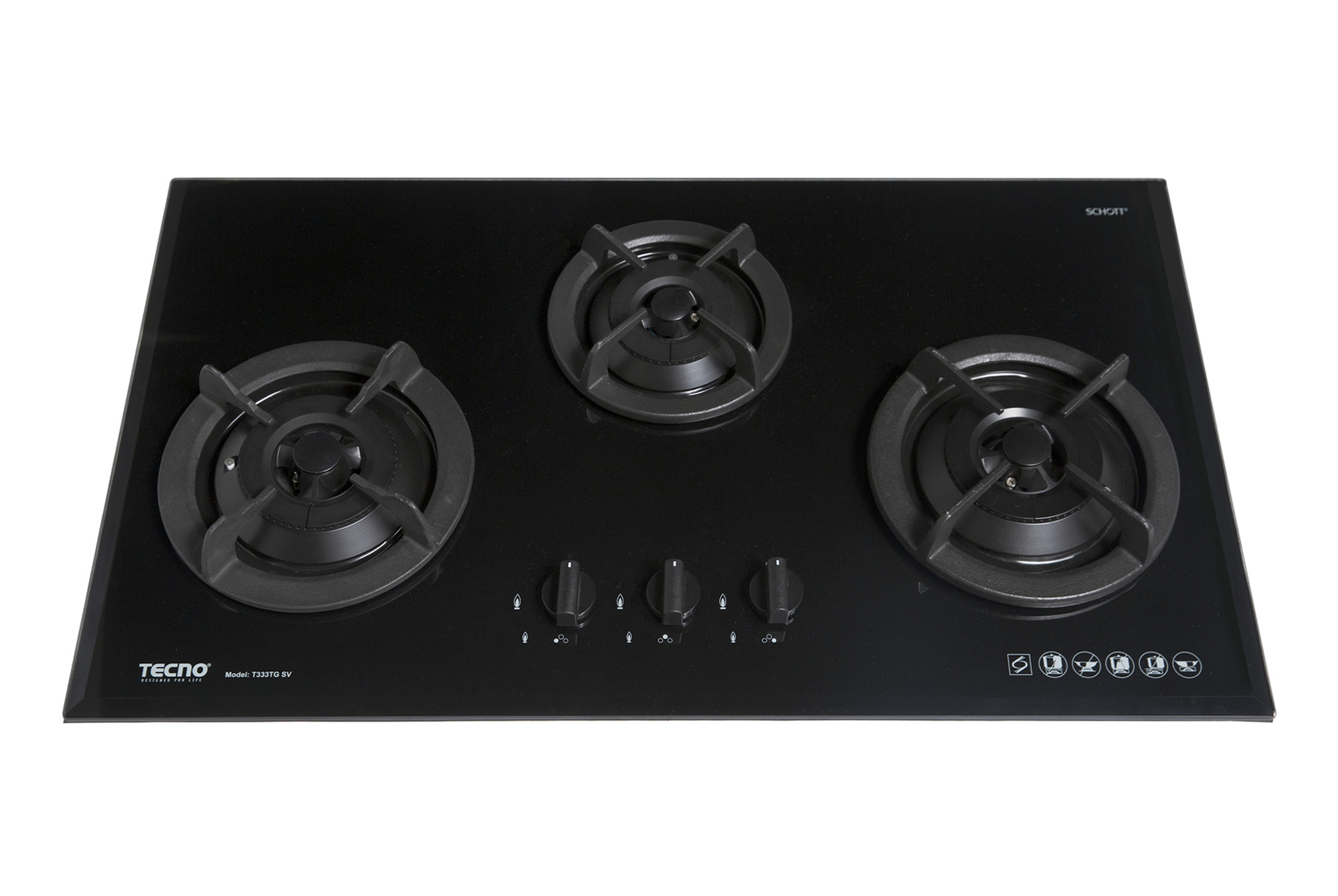 Tecno T333TGSV 3-Burner 86cm Tempered Glass Cooker Hob