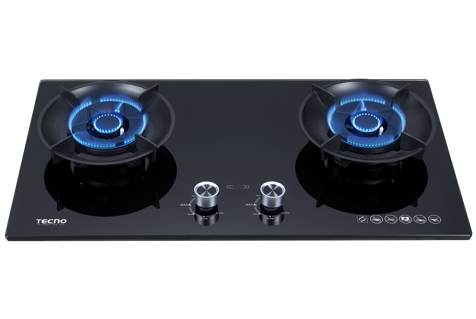 Tecno T 762FLIP-T | T762FLIP-T 2-Burner 76cm Tempered Glass Hob with Flip-Up Burners & Timer - Image 2