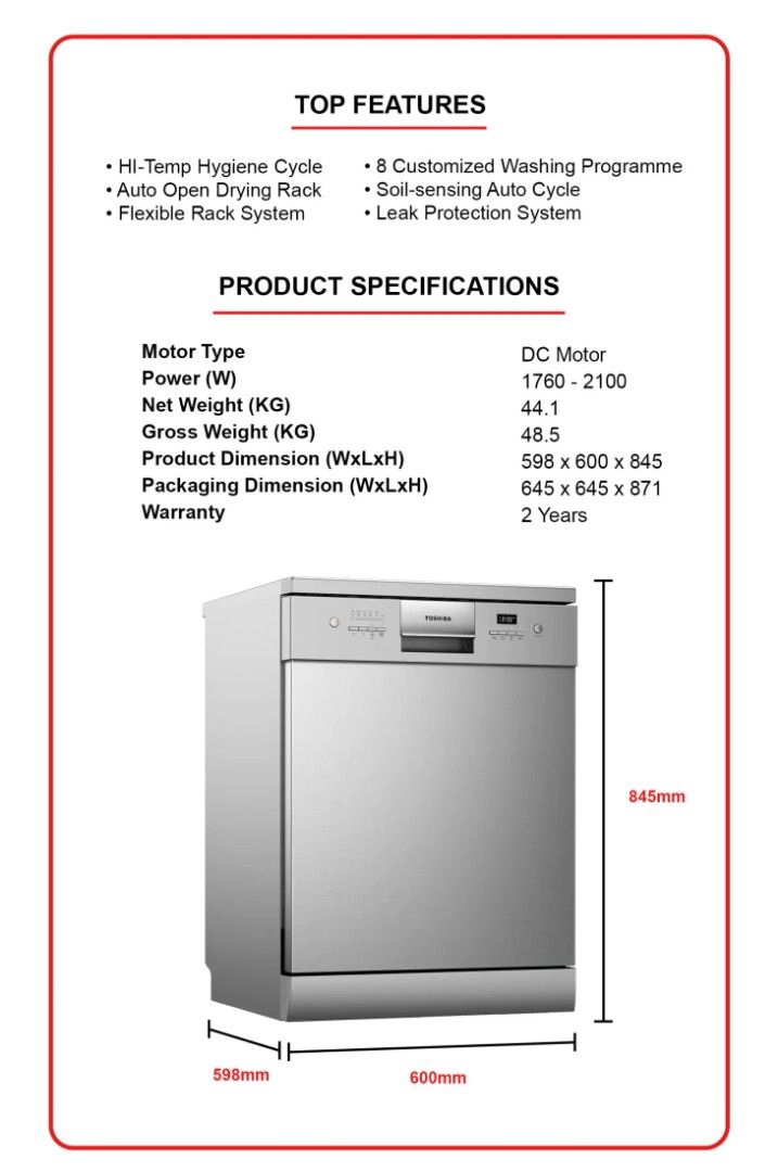 TOSHIBA DW-14F7(SS)-SG Freestanding Dishwasher - Image 7