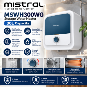 Mistral MSWH300WG 30L Square Storage Water Heater White Singapore