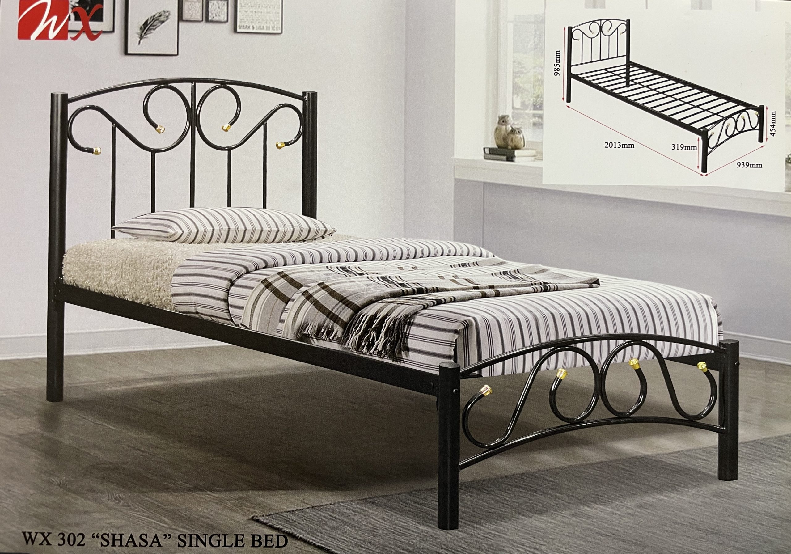 WX 302 | WX302 Shasa Single Bed | Decorative Black Metal Frame with Storage