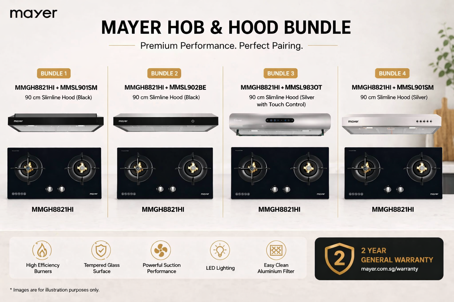 Mayer MMGH8821HI Gas Hob + MMSI900LEDHS / MMSL902BE / MMSL983OT / MMSL901SM Hood Bundle
