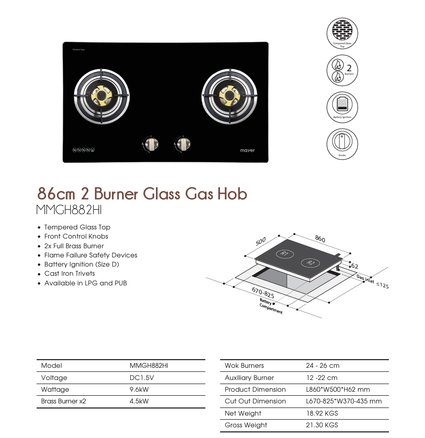 Mayer MMGH8821HI 2 Burner Built-in Glass Gas Hob