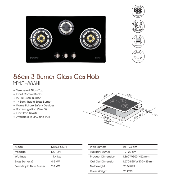 Mayer MMGH883HI / MMSS883HI Gas Hobs + MMSI900LEDHS / MMSL901SM Cooker Hoods - Image 3