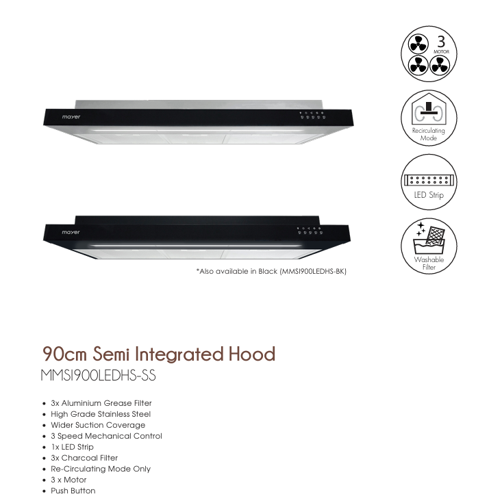 Mayer MMSI900LEDHS 90cm Semi-Integrated Slim Cooker Hood Stainless Steel