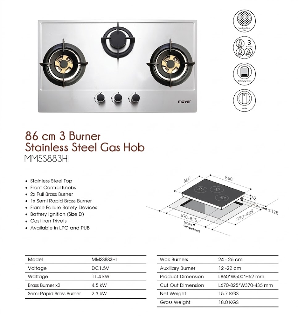 Mayer MMGH883HI / MMSS883HI Gas Hobs + MMSI900LEDHS / MMSL901SM Cooker Hoods - Image 2