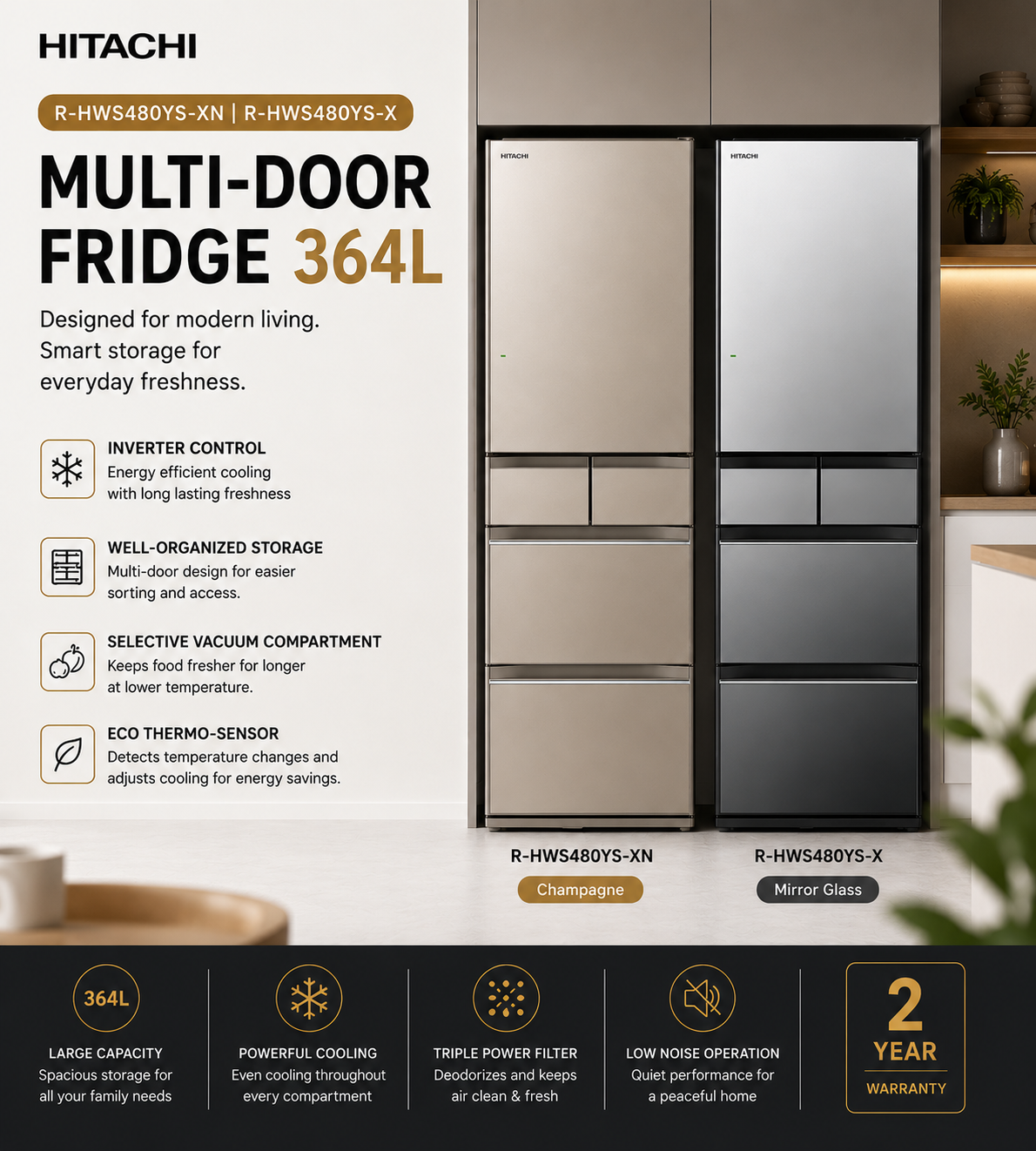 Hitachi R-HWS480YS-X / R-HWS480YS-XN Multi-Door Refrigerator (364L)
