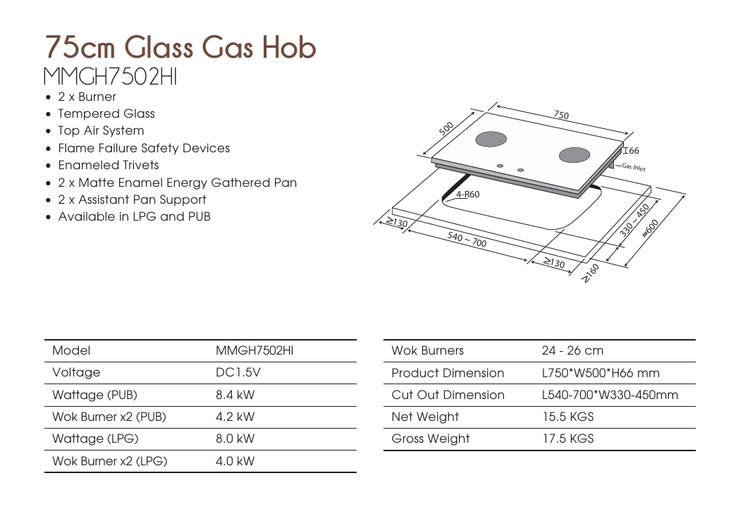 Mayer MMGH7502HI 2 Burner Built-in Glass Gas Hob