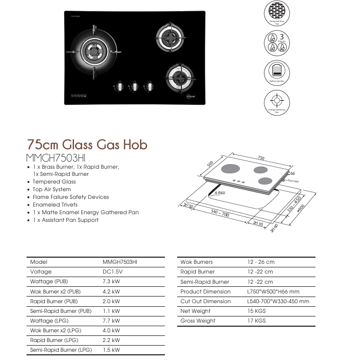 Mayer MMGH7503HI 3 Burner Built-in Glass Gas Hob