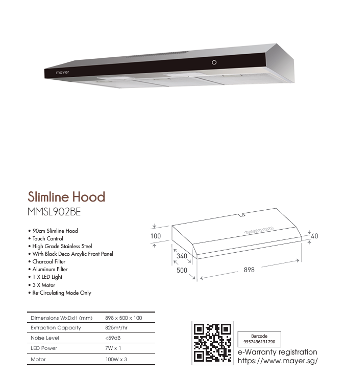 Mayer MMSL902BE 90cm Slim Cooker Hood Black Glass