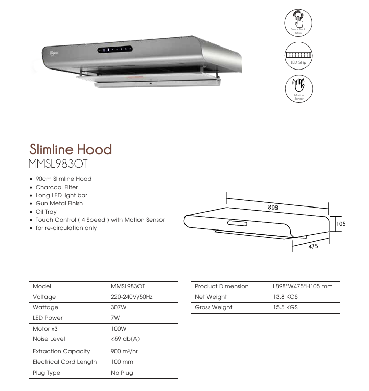 Mayer MMSL983OT 90cm Slim Cooker Hood Black Glass