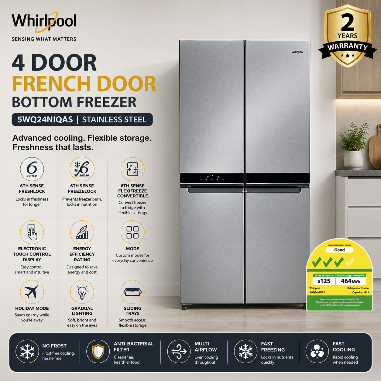 Whirlpool 5WQ24NIQAS French 4 Door Bottom Freezer Refrigerator (591L)