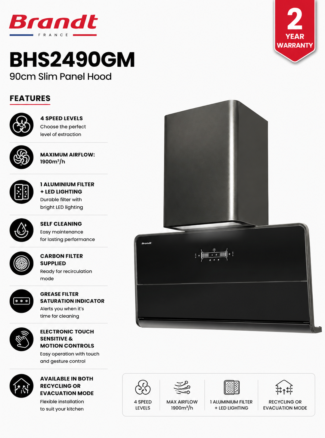 Brandt BHS2490GM 90cm Wall-Mount Straight Hood Singapore