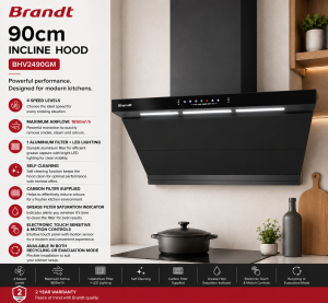 Brandt BHV2490GM 90cm Wall-Mount Chimney Hood with 1850m³/h Extraction and Motion Sensor Control Singapore
