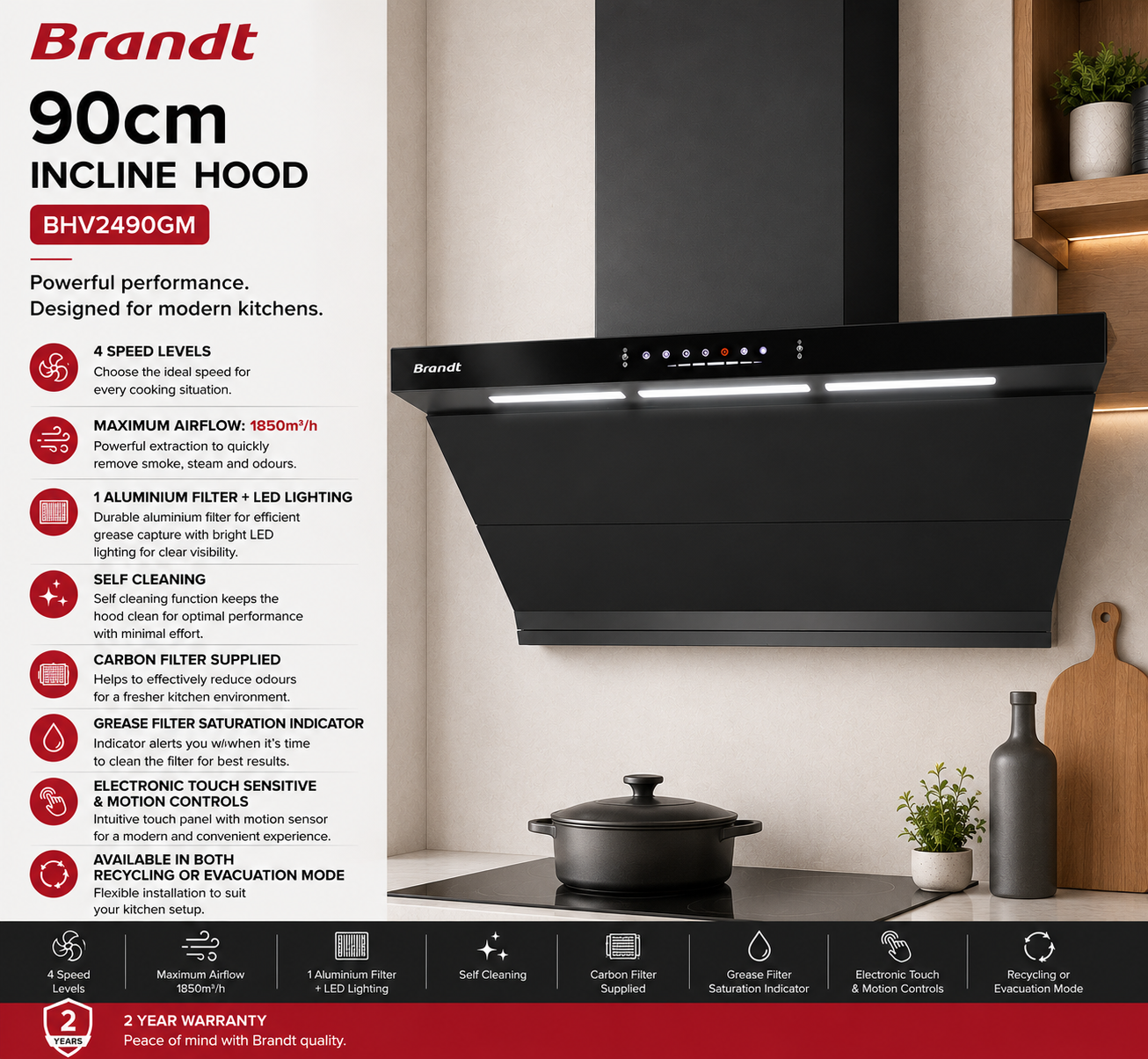 Brandt BHV2490GM 90cm Wall-Mount Chimney Hood with 1850m³/h Extraction and Motion Sensor Control Singapore