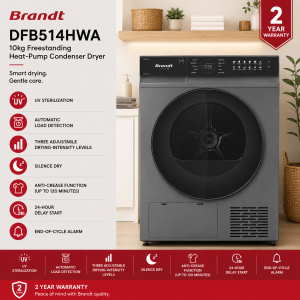 Brandt DFB514HWA 10kg Freestanding Heat‑Pump Condenser Dryer