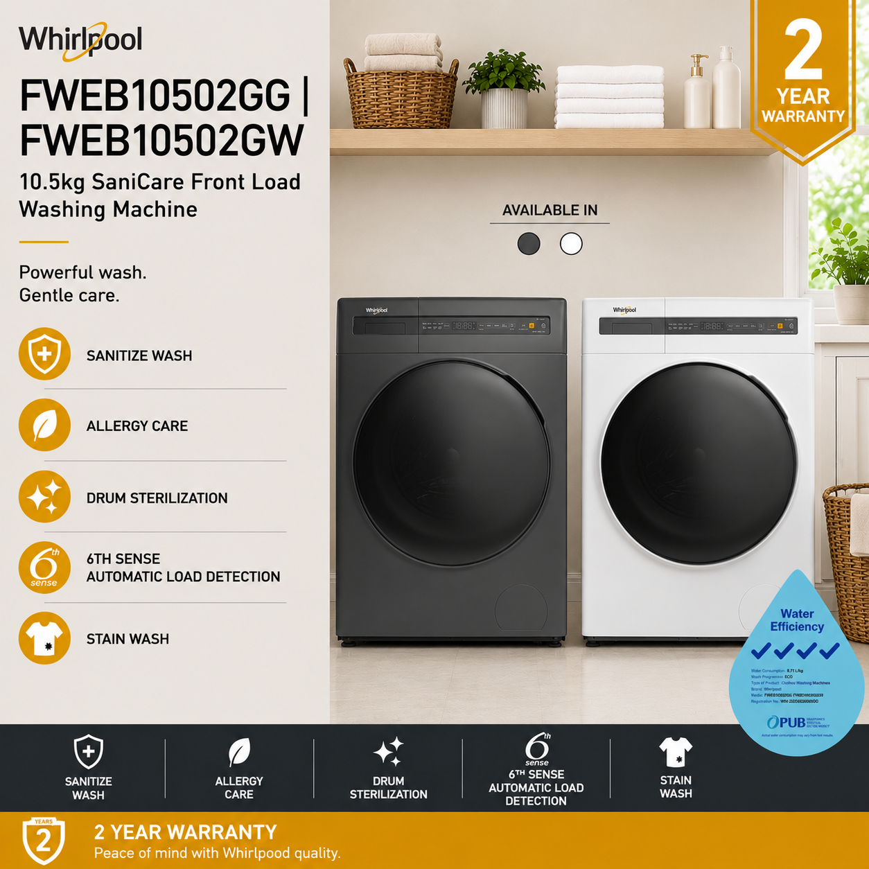 Whirlpool FWEB10502GW | FWEB10502GG 10.5kg SaniCare Front Load Washing Machine