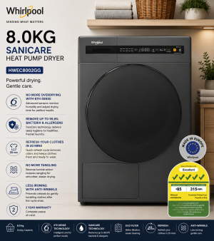 Whirlpool HWEC8002GG 8kg SaniCare Heat Pump Dryer with 6TH Sense Technology Singapore