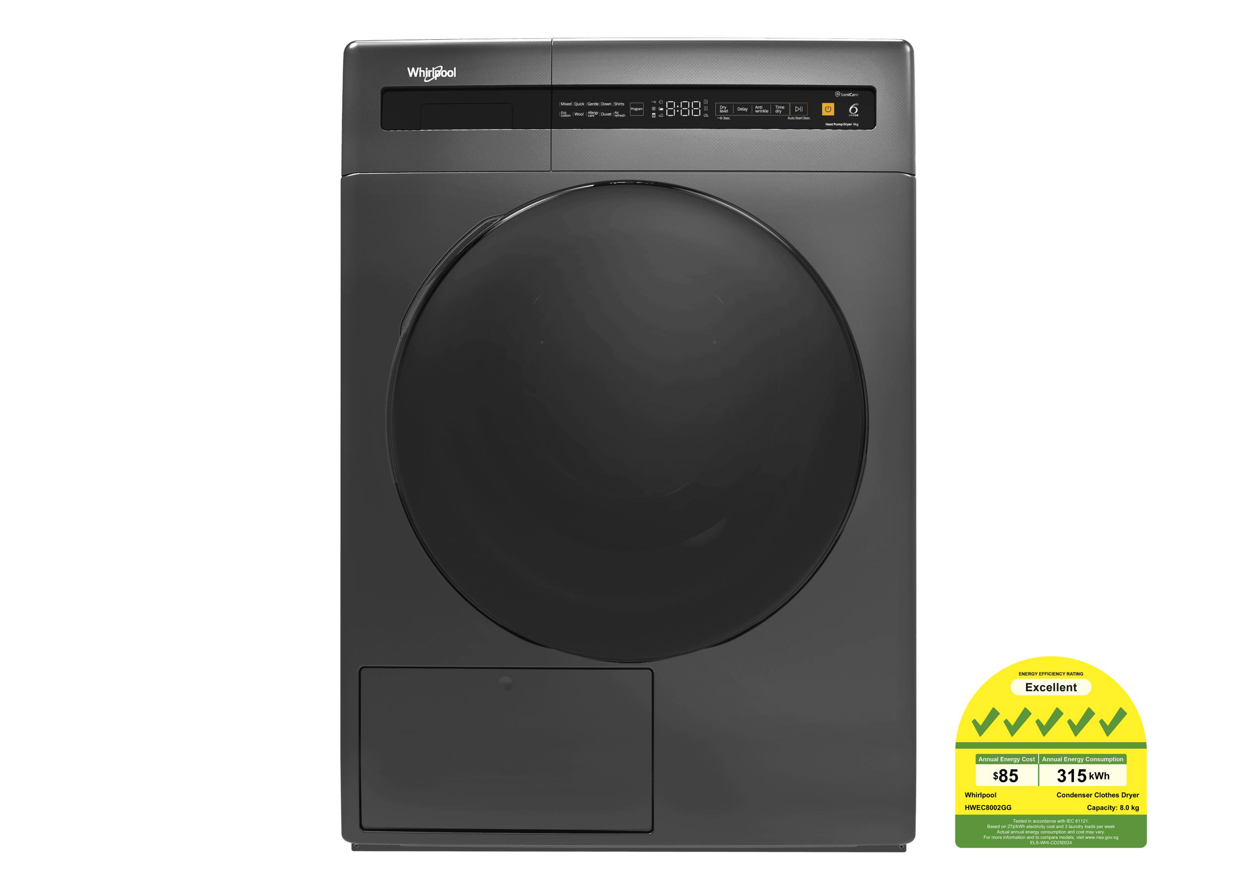 Whirlpool HWEC8002GG 8kg SaniCare Heat Pump Dryer with 6TH Sense Technology - Image 2