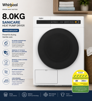 Whirlpool HWEC8002GW 8kg SaniCare Heat Pump Dryer with LED Display Singapore
