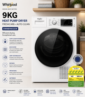 Whirlpool HWMB9002GW 9kg FreshCare+ Auto Clean Heat Pump Dryer with LED Display Singapore