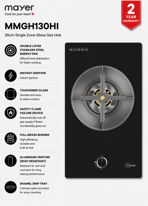 Mayer MMGH130HI 30cm Single Zone Glass Gas Hob Singapore