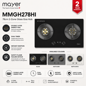 Mayer MMGH278HI 78cm 2-Burner Glass Gas Hob Singapore | 2 Years Warranty
