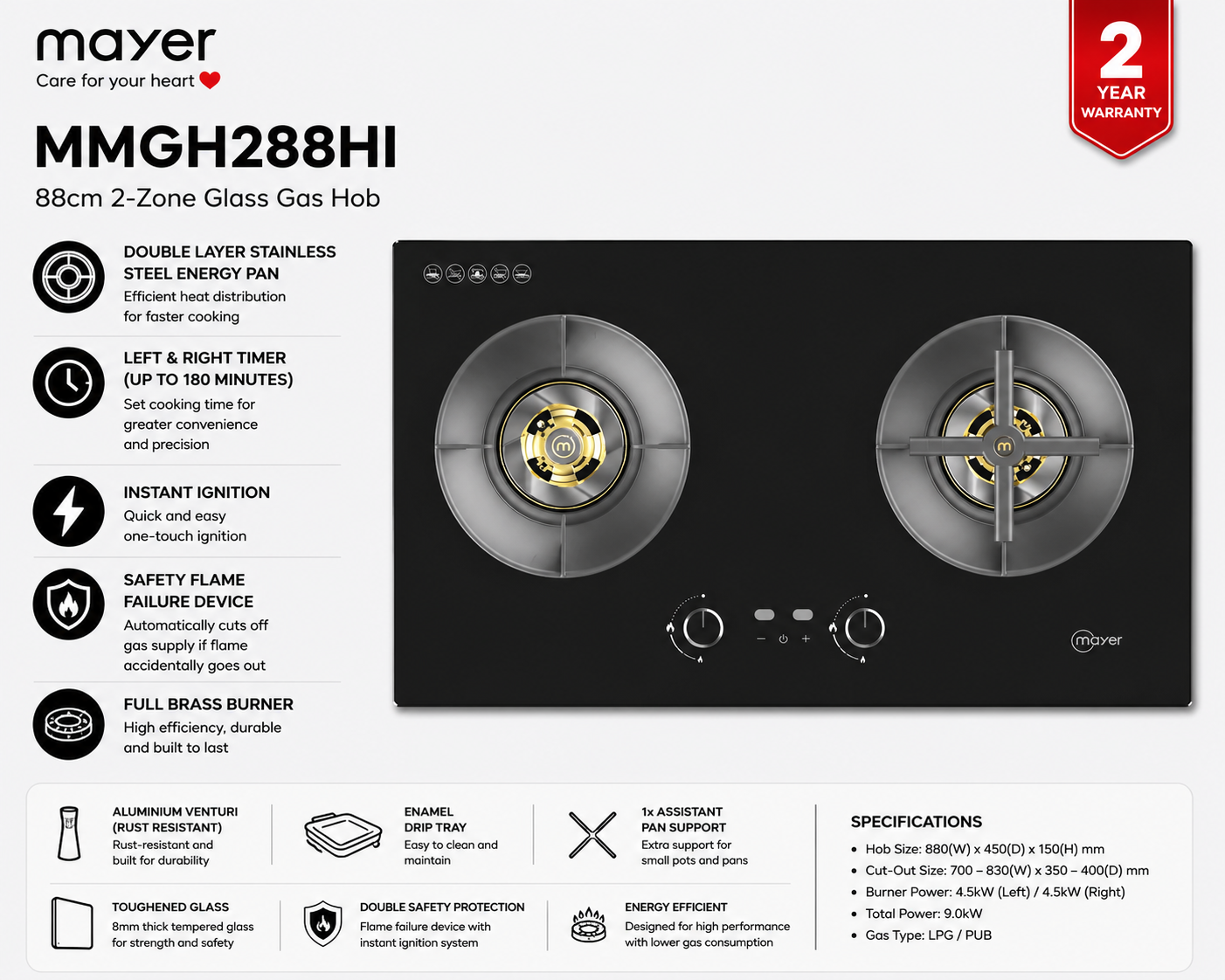 Mayer MMGH288HI 88cm 2-Zone Glass Gas Hob Singapore