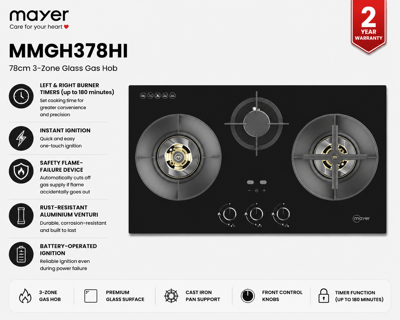 Mayer MMGH378HI 78cm built-in glass gas hob