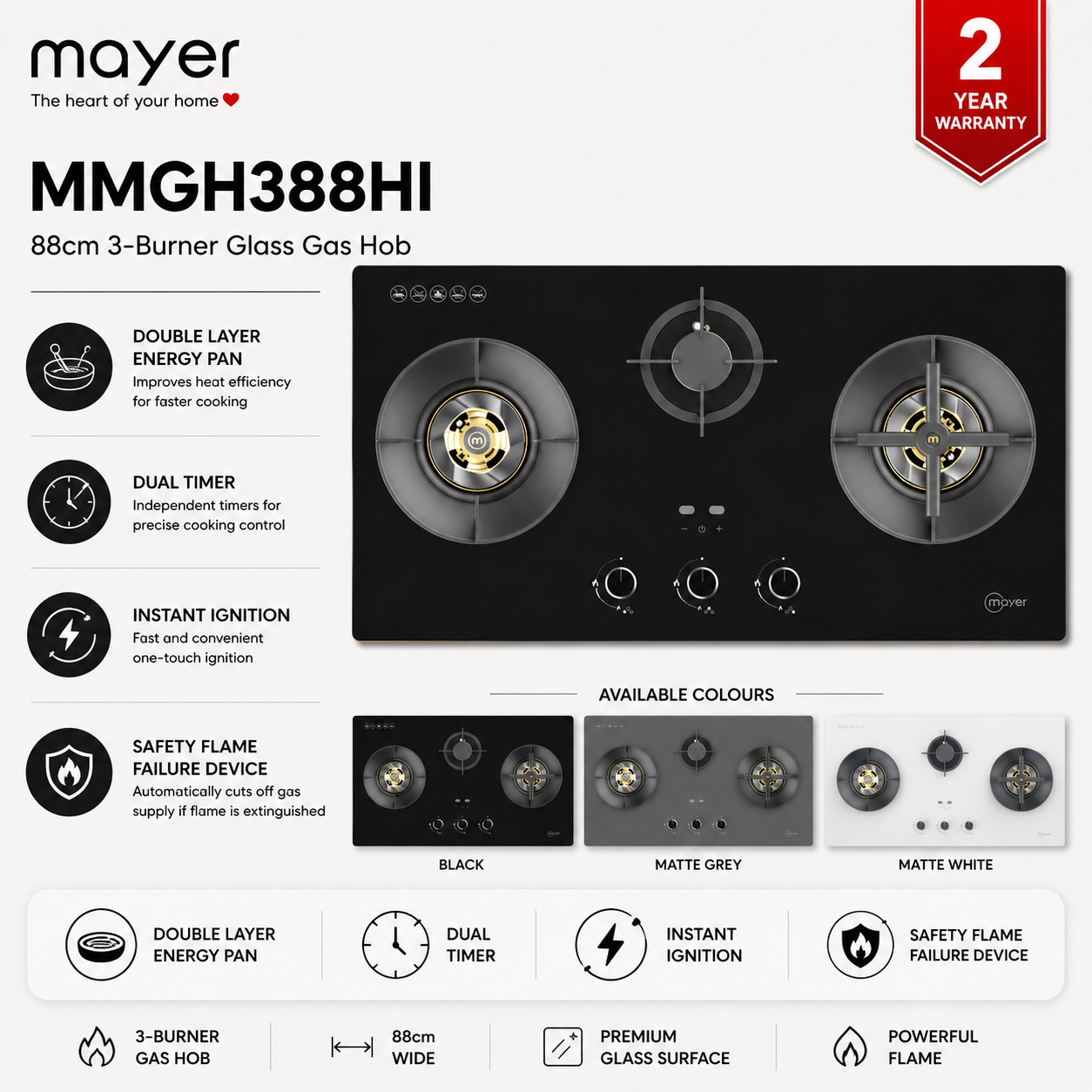 Mayer MMGH388HI 88cm 3-Zone Glass Gas Hob with Brass Burners Singapore