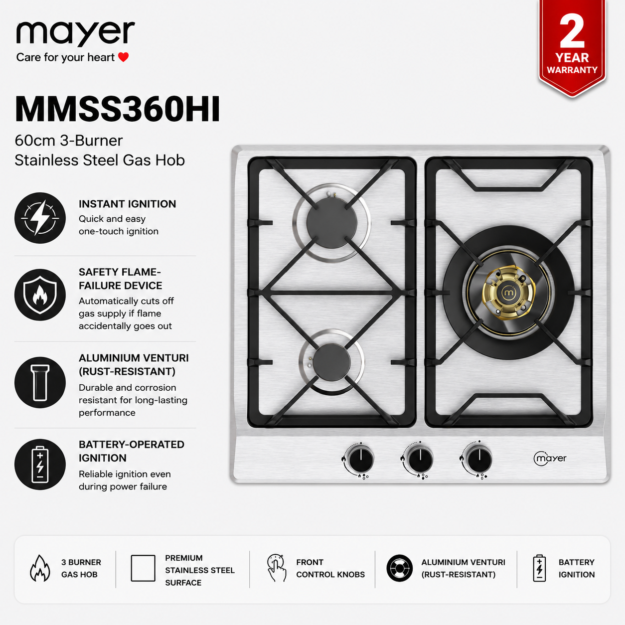 Mayer MMSS360HI 60cm 3-Burner Stainless Steel Gas Hob