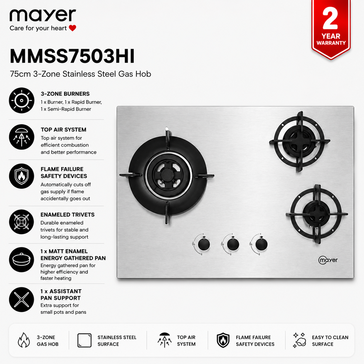 Mayer MMSS7503HI 75cm 3-Zone Stainless Steel Gas Hob Singapore