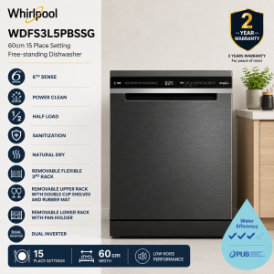 Whirlpool WDFS3L5PBSSG 60cm Freestanding Dishwasher with 15 Place Settings, 6TH Sense, PowerClean Pro and NaturalDry Singapore
