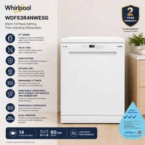 Whirlpool WDFS3R4NWESG 60cm Freestanding Dishwasher with 14 Place Settings and 6TH Sense Technology Singapore