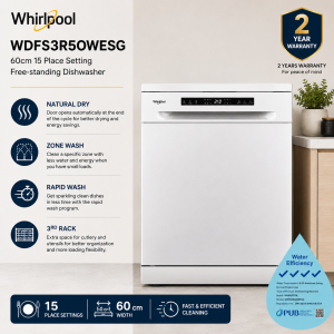 Whirlpool WDFS3R5OWESG 60cm Freestanding Dishwasher with 15 Place Settings, NaturalDry, Zone Wash and 3rd Rack Singapore