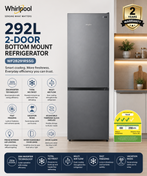 Whirlpool WF2B291RSSG 292L 2-Door Bottom Mount Refrigerator with Zen Inverter Technology Singapore