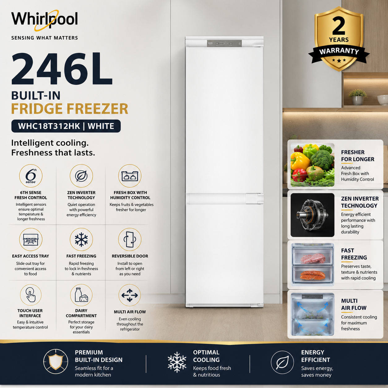 Whirlpool WHC18T312HK 246L Built-In Fridge Freezer White Singapore