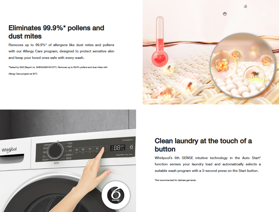Whirlpool WWPB485602GW 8.5kg / 6kg SteamCare Slim Front Load Washer Dryer - Image 4