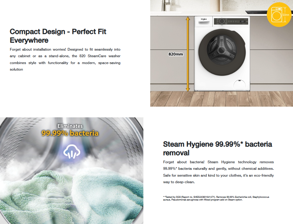 Whirlpool WWPB485602GW 8.5kg / 6kg SteamCare Slim Front Load Washer Dryer - Image 6