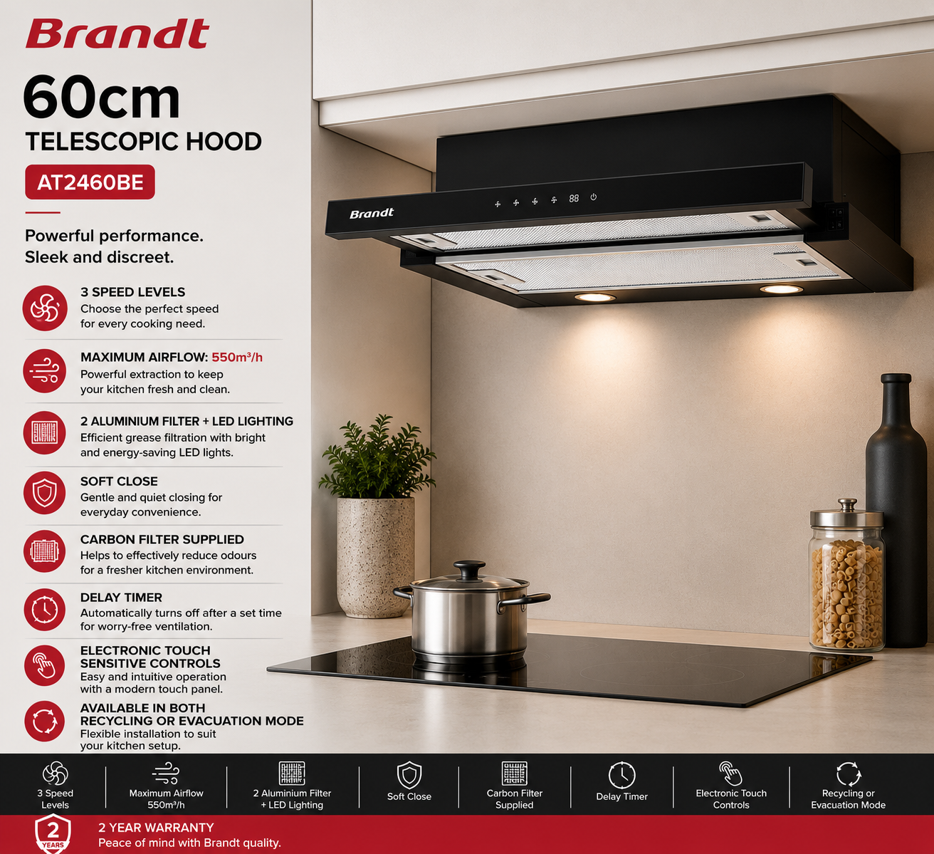 Brandt AT2460BE 60cm Telescopic Hood with 550m³/h Extraction and Electronic Touch Controls Singapore