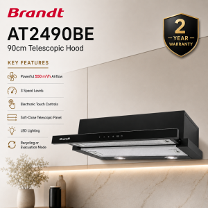 Brandt AT2490BE 90cm Telescopic Hood with 550m³/h Extraction and Electronic Touch Controls Singapore