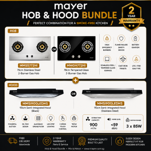 Mayer MMSS772HI Stainless Steel Gas Hob or MMGH772HI Tempered Glass Gas Hob with MMSI900LEDHS 90cm Semi-Integrated Slimline Cooker Hood Package Singapore