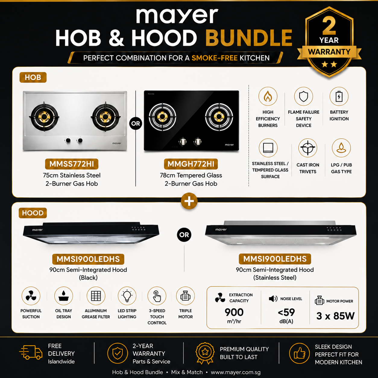 Mayer MMSS772HI Stainless Steel Gas Hob or MMGH772HI Tempered Glass Gas Hob with MMSI900LEDHS 90cm Semi-Integrated Slimline Cooker Hood Package Singapore