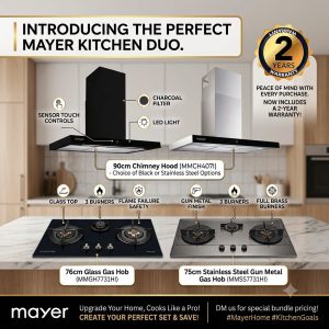 Mayer MMGH7731HI 76cm Glass Gas Hob or MMSS7731HI 75cm Gun Metal Stainless Steel Gas Hob with MMCH407I 90cm Chimney Hood Package Singapore