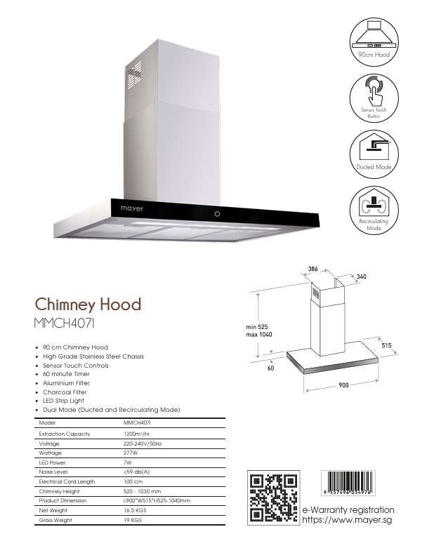 mayer chimney hood mmch407I dimension